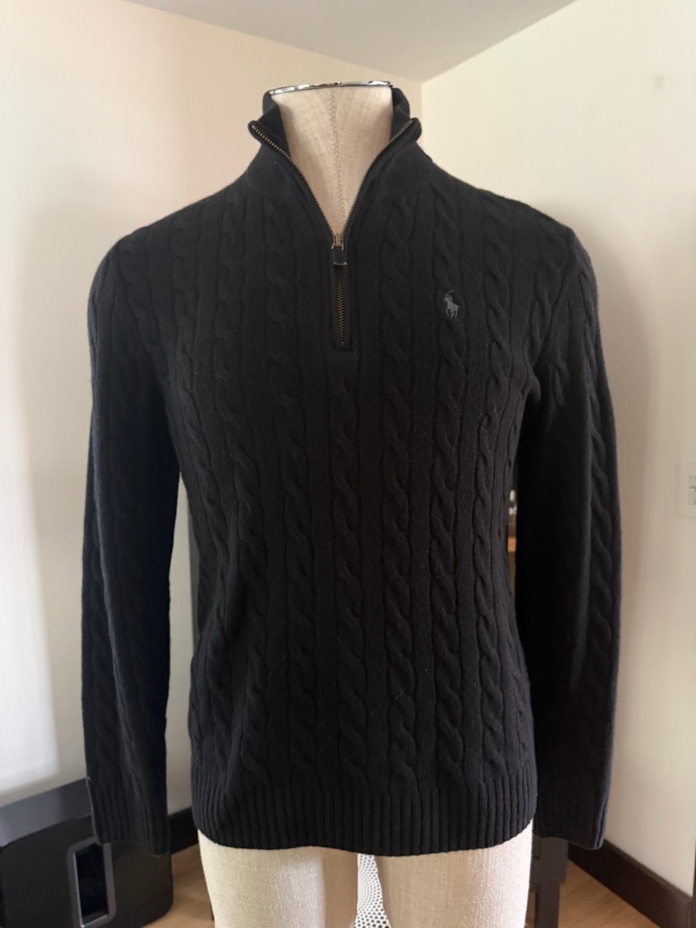 Ralph Lauren Black Wool Cashmere Cable-Knit Half-Zip Sweater